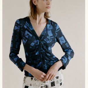 Rationalle Blue Print Button Down Top Sz Large